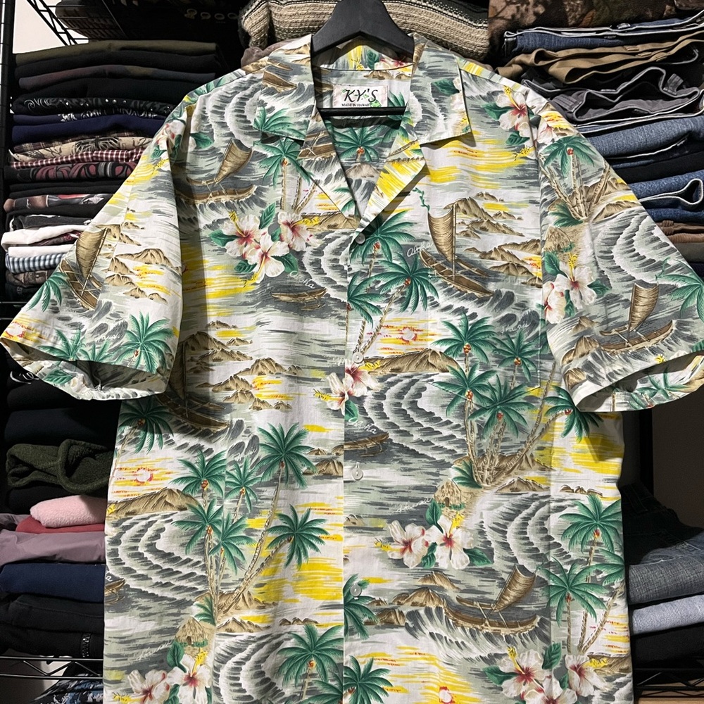 KY'S Palm Tree Print Men's Shirt - Green and Yellow